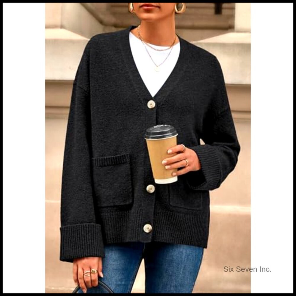 Oversized Chunky Knit Cardigan V Neck Button Down Drop Shoulder Pockets - Picture 2 of 7